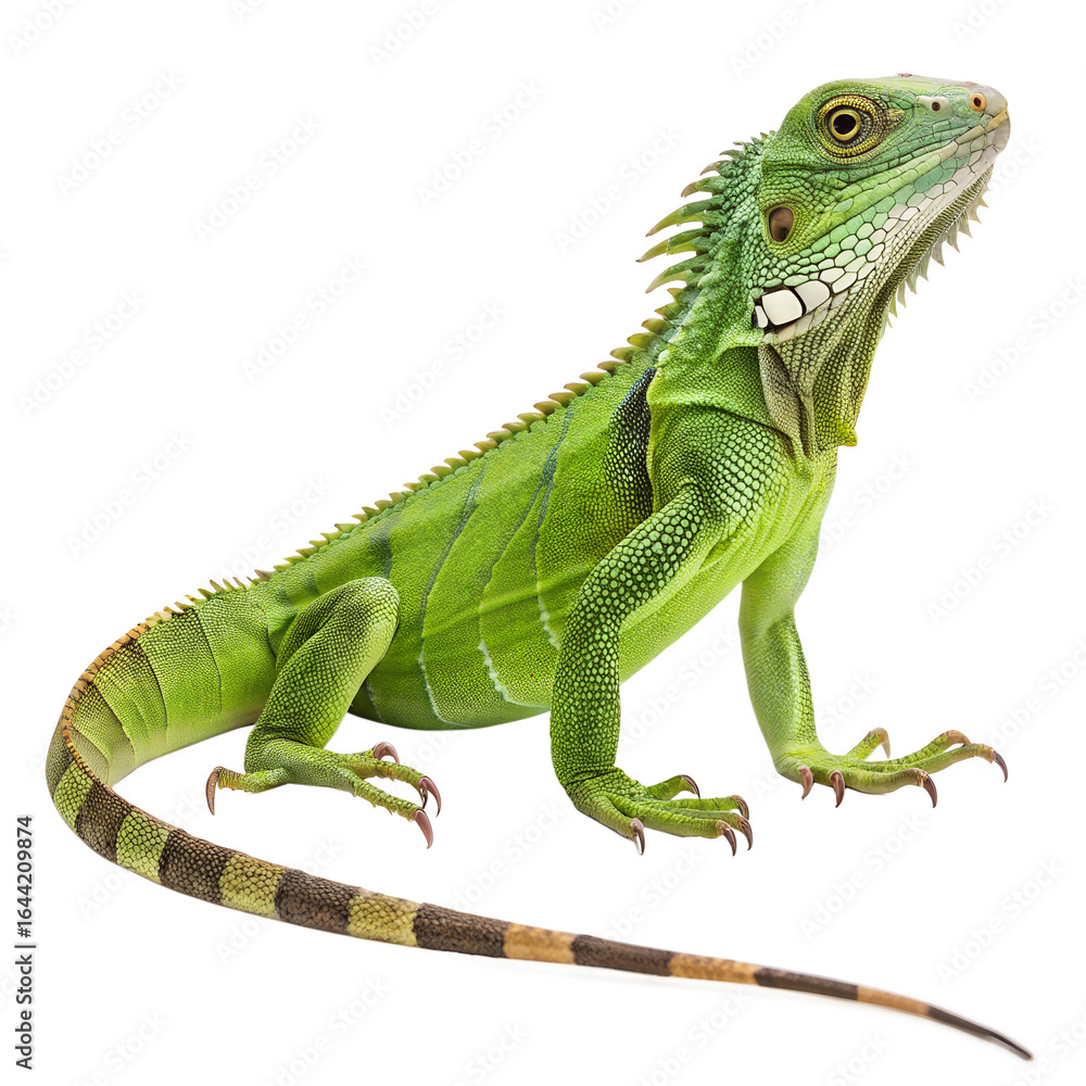 Obraz premium A vibrant green iguana stands on a black background. The reptile has a long tail, spiky crest, and distinct facial features, showcasing its unique coloration.