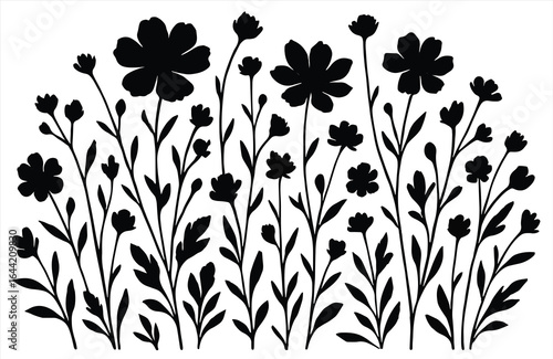 Wildflower silhouette pattern with tall blooming flowers and leaves, elegant botanical vector illustration for nature designs, wedding invitations, decorative prints, and floral-themed artwork