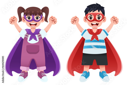 Happy girl and boy in superhero costumes set. Children superheroes vector cartoon illustration. Isolated clipart on white background
