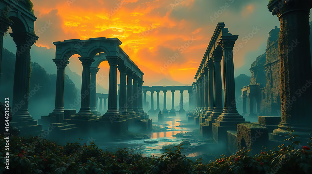Fototapeta premium Ruins of an ancient city with majestic columns and arches. Ancient tourist attractions, travel, tourism, mysticism