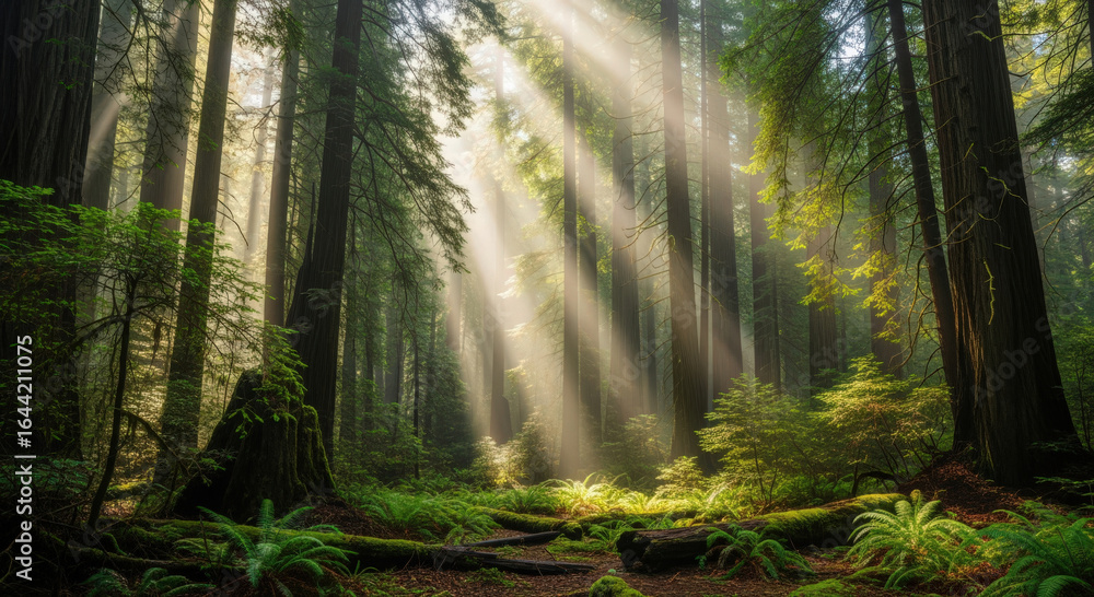 Obraz premium Sunlight streams through a dense forest, creating an ethereal and serene atmosphere. The scene evokes a sense of peace and the beauty of nature.
