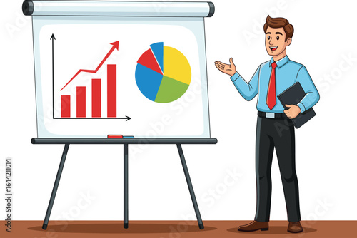 Businessman presenting data, bar chart and pie chart, analytics concept, vector illustration, corporate training, office scene, infographic board