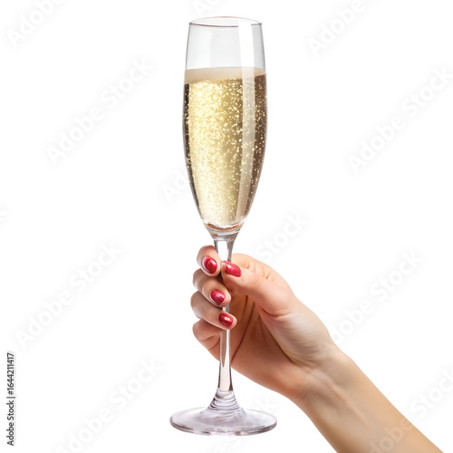 Hand holding a glass of champagne on transparent background