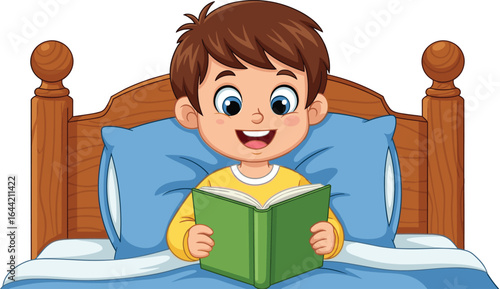 Cartoon child reading book in bed, bedtime story, yellow pajamas, wooden headboard, blue pillows, cozy scene, vector illustration, night routine