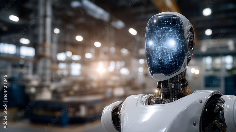 Fototapeta premium Digital Face Robot in a Smart Factory Setting