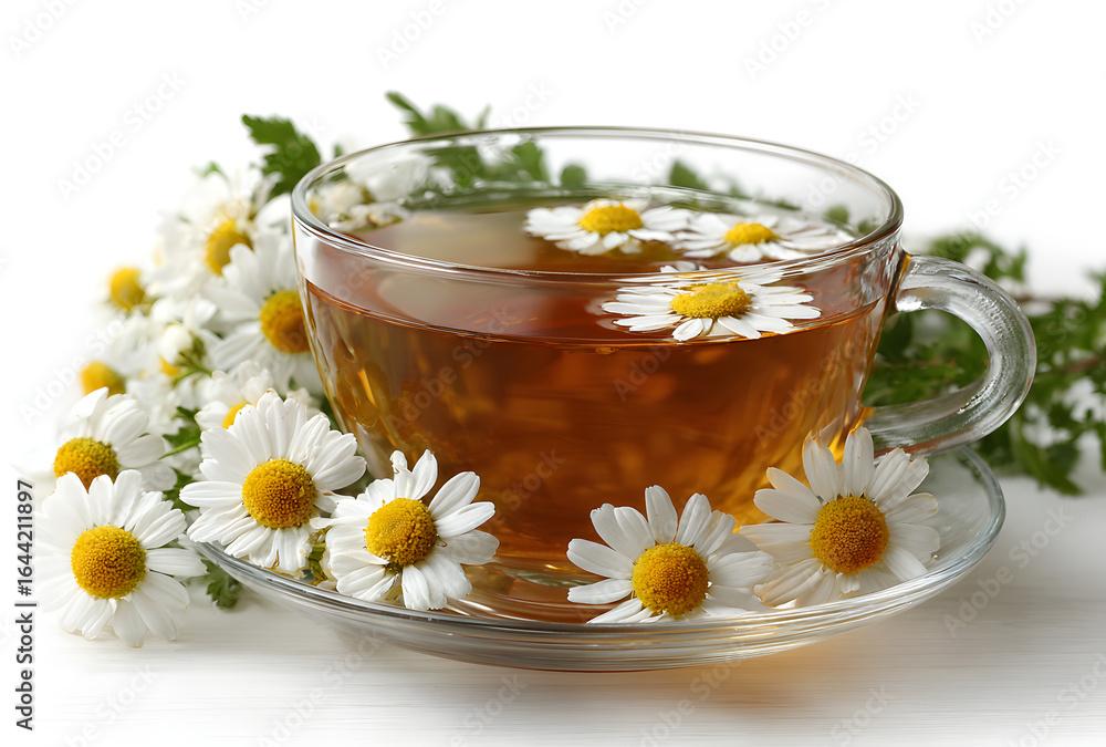 Herbal camomile tea isolated on white background Herbal camomile tea isolated on white background