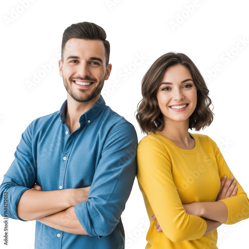 Smiling young couple standing side by side with arms crossed confidently isolated on transparent background