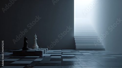 Chess pieces on a checkered floor with stairs leading to a light source.