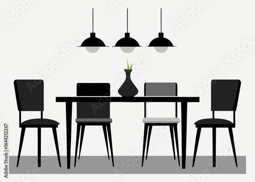 Modern dining room set with pendant lights and vase silhouette isolated on white background