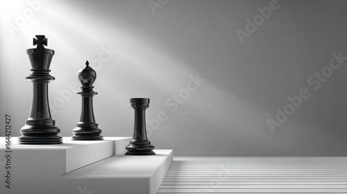 Three black chess pieces on a white step platform.