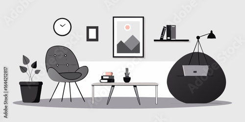 Modern living room interior with armchair coffee table and laptop on a beanbag isolated on white background silhouette