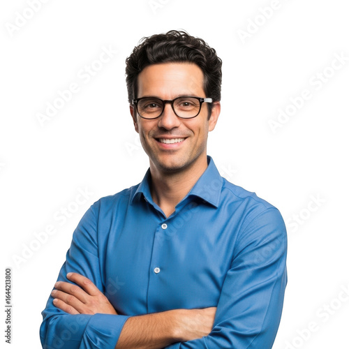 Smiling middle aged man with glasses and crossed arms wearing a blue collared shirt isolated on transparent background