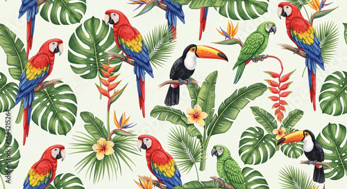 Tropical birds seamless pattern with parrots, toucans, and exotic flowers on green monstera and palm leaves, vibrant watercolor jungle illustration for fabric and wallpaper design
