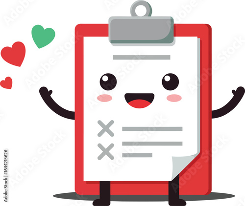 Cute happy clipboard with hearts and smiling face vector illustration for office and school stationery design 