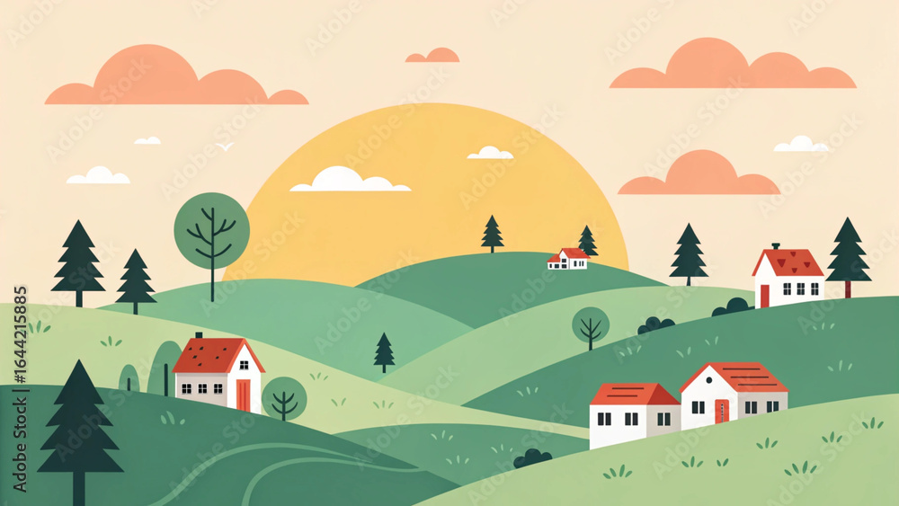 Fototapeta premium Charming village nestled in rolling green hills at sunrise