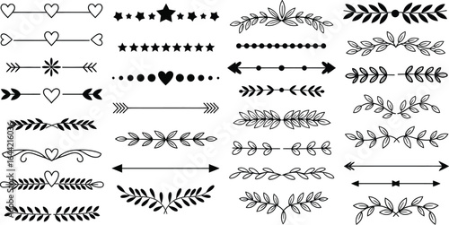Hand drawn dividers, vintage borders heart arrow. Hand-drawn ornamental winter dividers, leaf divider editable icons vector illustration