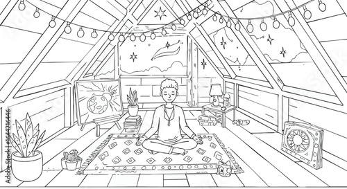 Serene attic meditation space with hanging lights and plants, creating a tranquil atmosphere for mindfulness and relaxation.