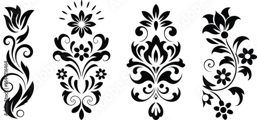 A collection of four vintage-style floral ornaments, featuring baroque swirls, elegant flower patterns, and vine motifs in black silhouette.