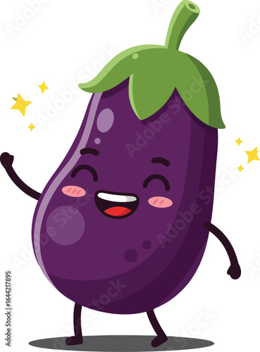 Cute happy eggplant character with green leaves smiling and waving on white background vector illustration 