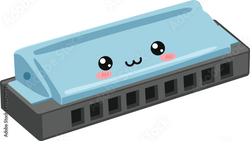 Cute blue harmonica musical instrument with kawaii face vector illustration for music lovers and hobbyists