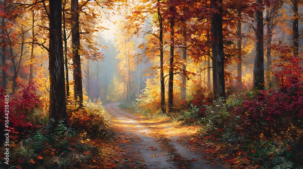 Fototapeta premium Scenic trail through colorful autumn wood high resolution HD photo