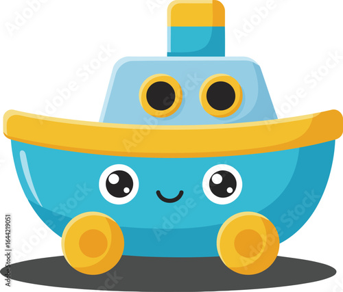 Cute blue toy boat with smiling face and yellow accents vector illustration for children and playtime design 