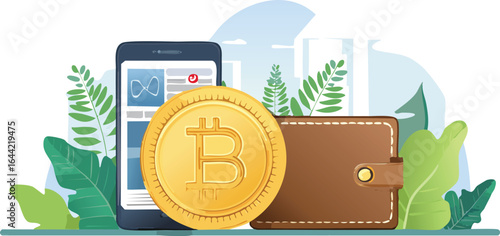 Fintech Coin with Mobile Wallet Vector Illustration