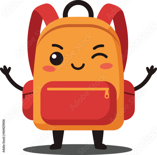 Cute orange and red backpack character winking with arms and legs vector illustration for school and travel use 