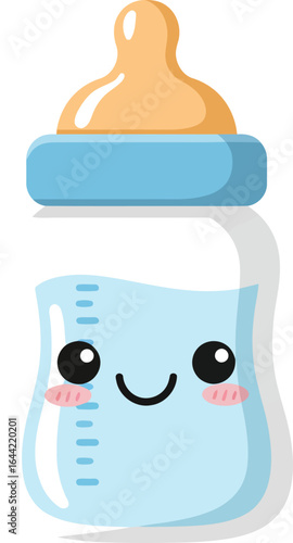 Baby feeding bottle with blue cap and orange nipple cute cartoon vector illustration 