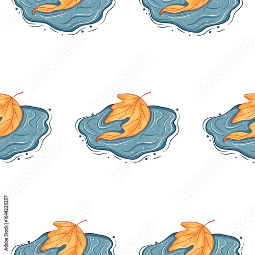 pattern with yellow autumn leaves from under a linden tree lying in a puddle with splashes around, for autumn printing, packaging or other designs