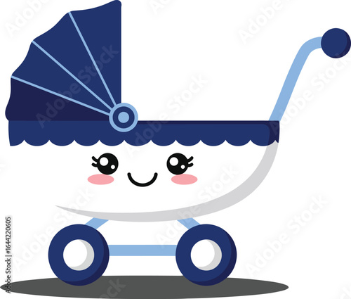 Cute blue baby stroller vector illustration with smiling face for newborn parents and childcare design 