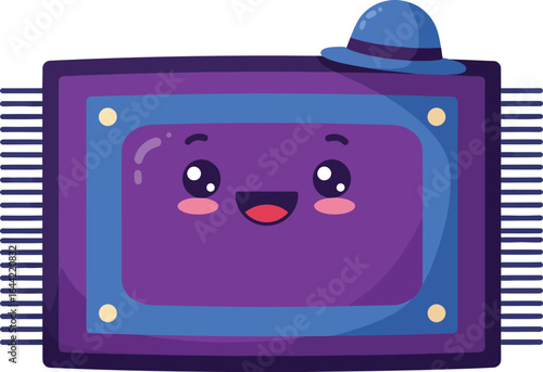 Cute purple microchip cartoon character with smiling face and blue cap vector illustration 