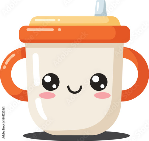 Cute baby sippy cup with orange handles and lid vector illustration for toddlers and infants feeding safety 