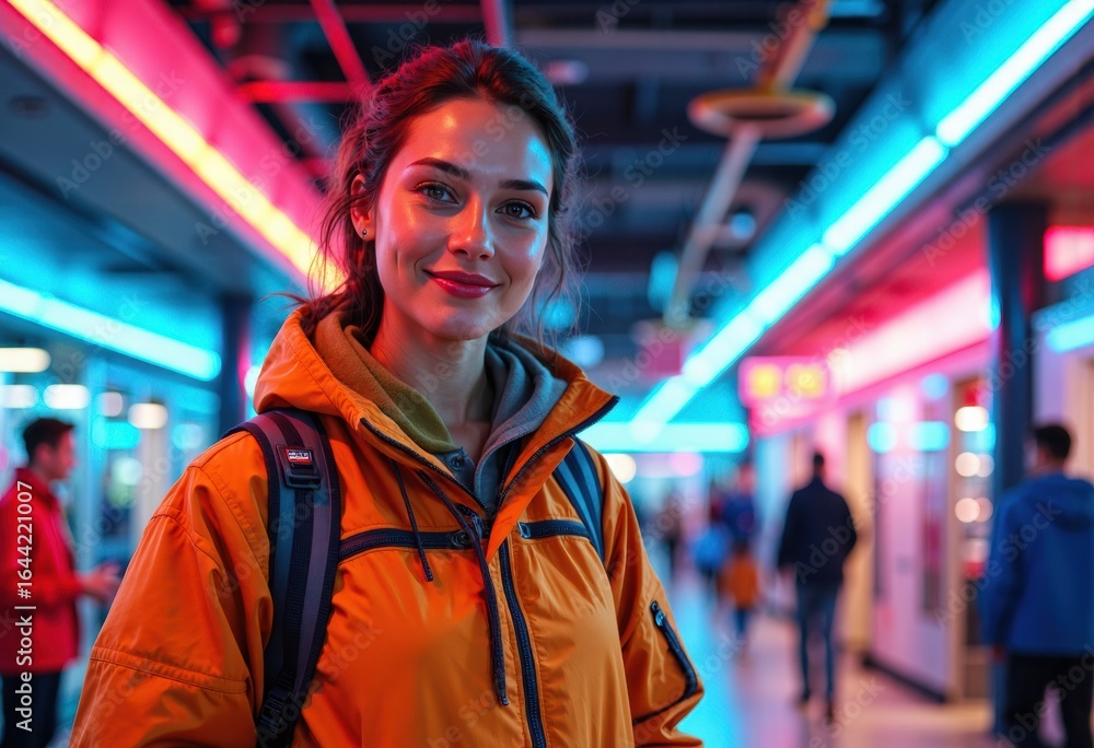 Fototapeta premium Smiling woman in an orange jacket, ready to manage children's activities