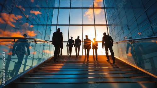 Business People Silhouettes Climbing Stairs in Modern Office Building at Sunset