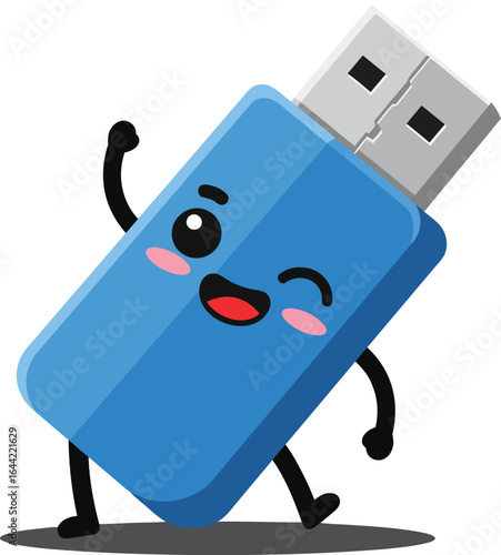 Blue USB Flash Drive Character Winking and Dancing Vector Illustration with Facial Expression and Limbs 