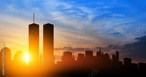 New York skyline silhouette with Twin Towers at sunset. 09.11.2001 American Patriot Day banner.