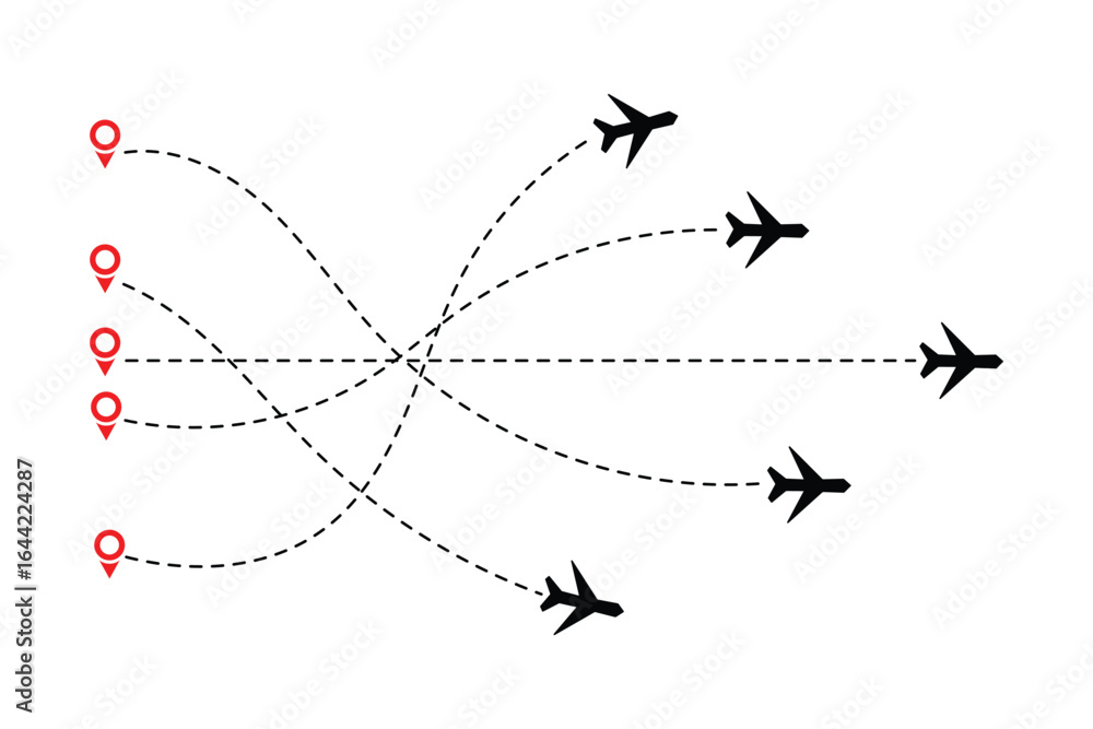 Obraz premium Flying airplanes world map abstract vector background - flying white airplanes routes on blue background - Air travel concept