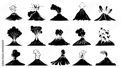 Volcano eruption icon collection, black silhouette of volcanic mountains with smoke clouds. Volcano and Smoke Outline Graphic Set.