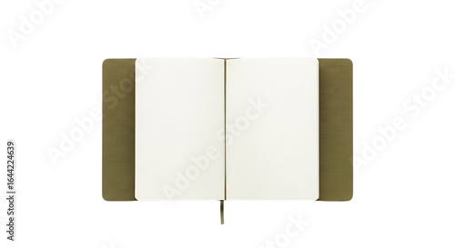 Open journal with blank pages and olive cover isolated on a transparent background notebook