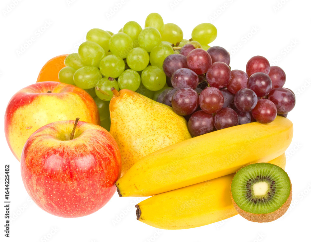 Fresh Fruit Selection with Grapes, Apple, Banana, Orange, and Lime Isolated on White Background Fresh Fruit Selection with Grapes, Apple, Banana, Orange, and Lime Isolated on White Background