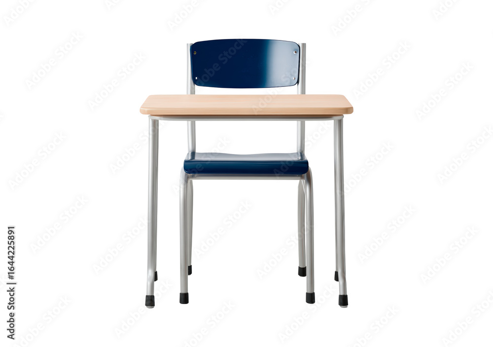 Simple wooden student desk with blue chair and metal legs on transparent background, PNG Simple wooden student desk with blue chair and metal legs on transparent background, PNG