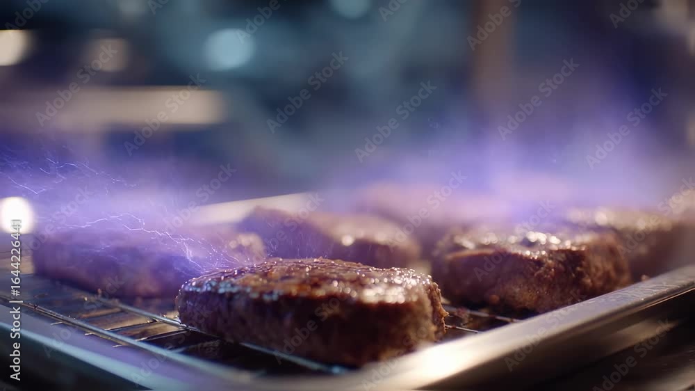 Close medium shot capturing the pulseelectric fields impact on plantbased steak proteins emphasizing crisp electric arcs with the surrounding lab environment softly out of focus. Close medium shot capturing the pulseelectric fields impact on plantbased steak proteins emphasizing crisp electric arcs with the surrounding lab environment softly out of focus.
