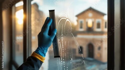 Plakat w ramie Cleaning window with scraper
