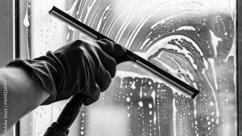 Obraz w ramie Cleaning window with squeegee
