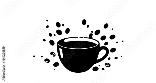 A steaming cup of coffee with grains and rich aroma.