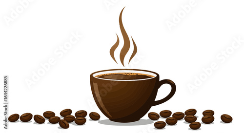 A steaming cup of coffee with grains and rich aroma.