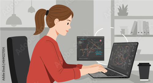 A smiling young woman works on her laptop at a desk in an office