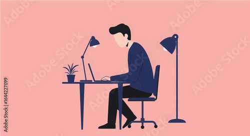 Silhouette of a businessman sitting with a laptop working at an office desk
