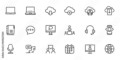 Digital Knowledge Transfer & E-Learning Icon Pack – Minimalist Line Art Video Call, Chat, Cloud Storage, Virtual Classroom, AI Assistant, Webinar, Presentation, and Online Education – Remote Learning 